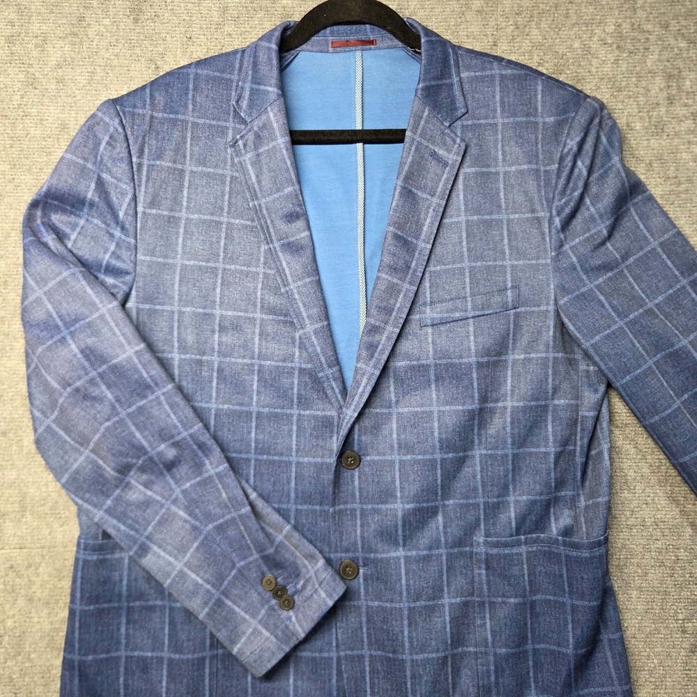 Johnston & Murphy XC Flex Blue Windowpane Knit Blazer Mens XL Stretch Sport Coat
